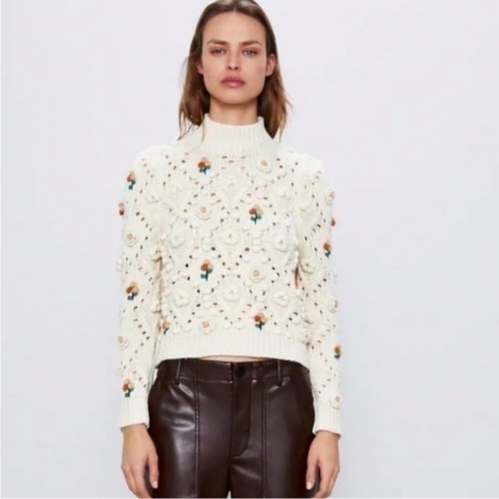 Zara Cream Floral Pom-Pom Knit Sweater with Green and Orange Accents